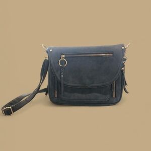 Gray, medium-sized, shoulder/crossbody bag.  Faux suede, with gold hardware.